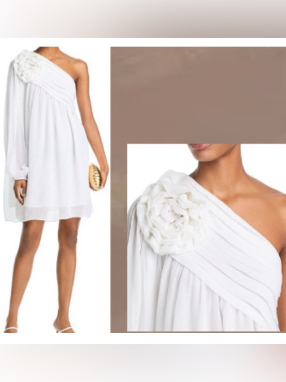 Farm Rio Flowy White One Shoulder Mini Dress/ Large Single Rosette Applique : M